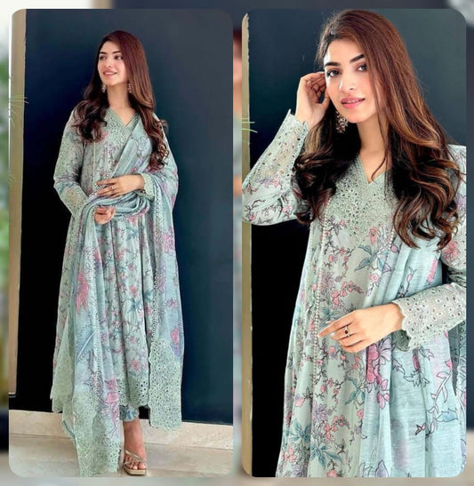 Iznik 3Pc Printed Lawn With Printed Poly Lawn Dupatta