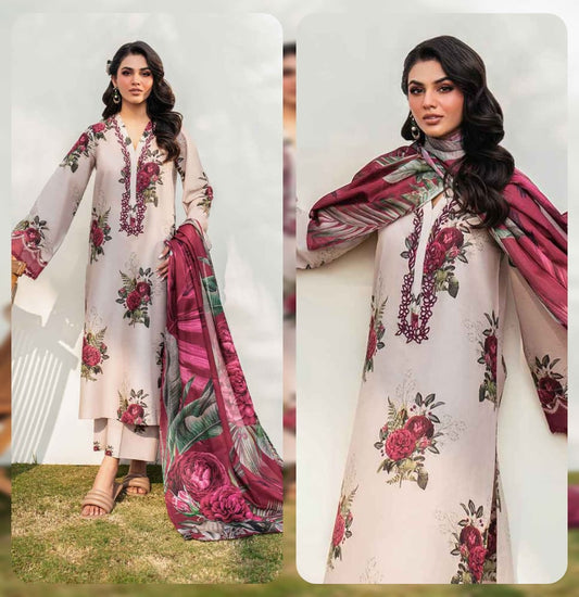 Afrozeh 3Pc Printed Lawn Suit With Digital Printed Poly Lawn Dupatta
