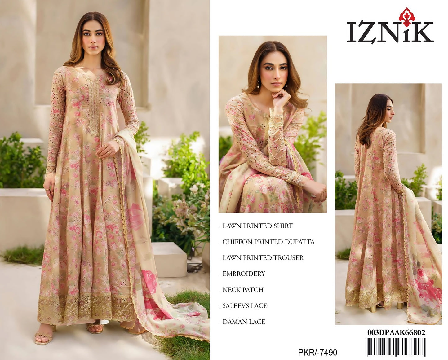Iznik 3Pc Printed Lawn Suit Printed Chiffon Dupatta