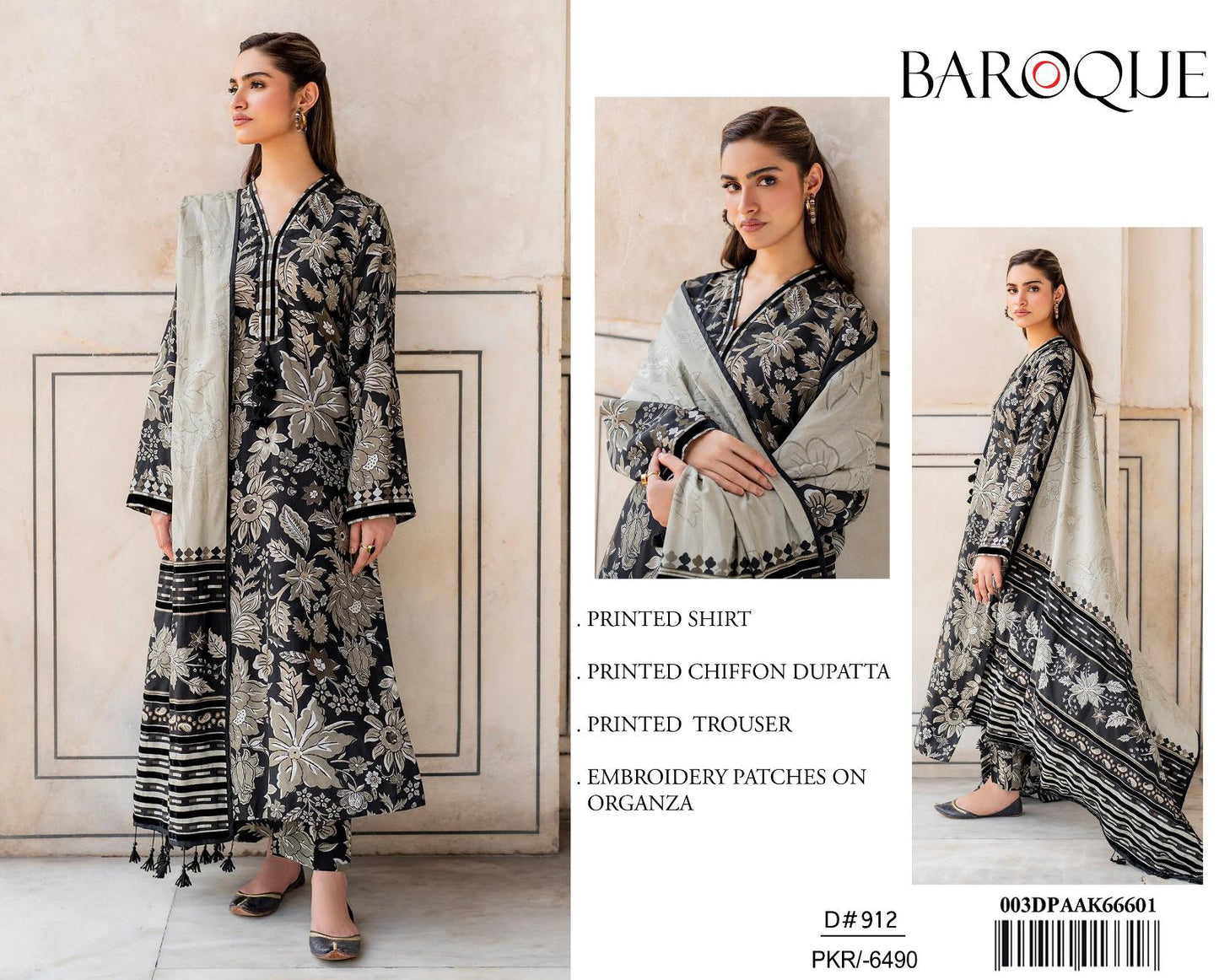 Baroque 3Pc Printed Lawn Suit With Printed Chiffon Dupatta