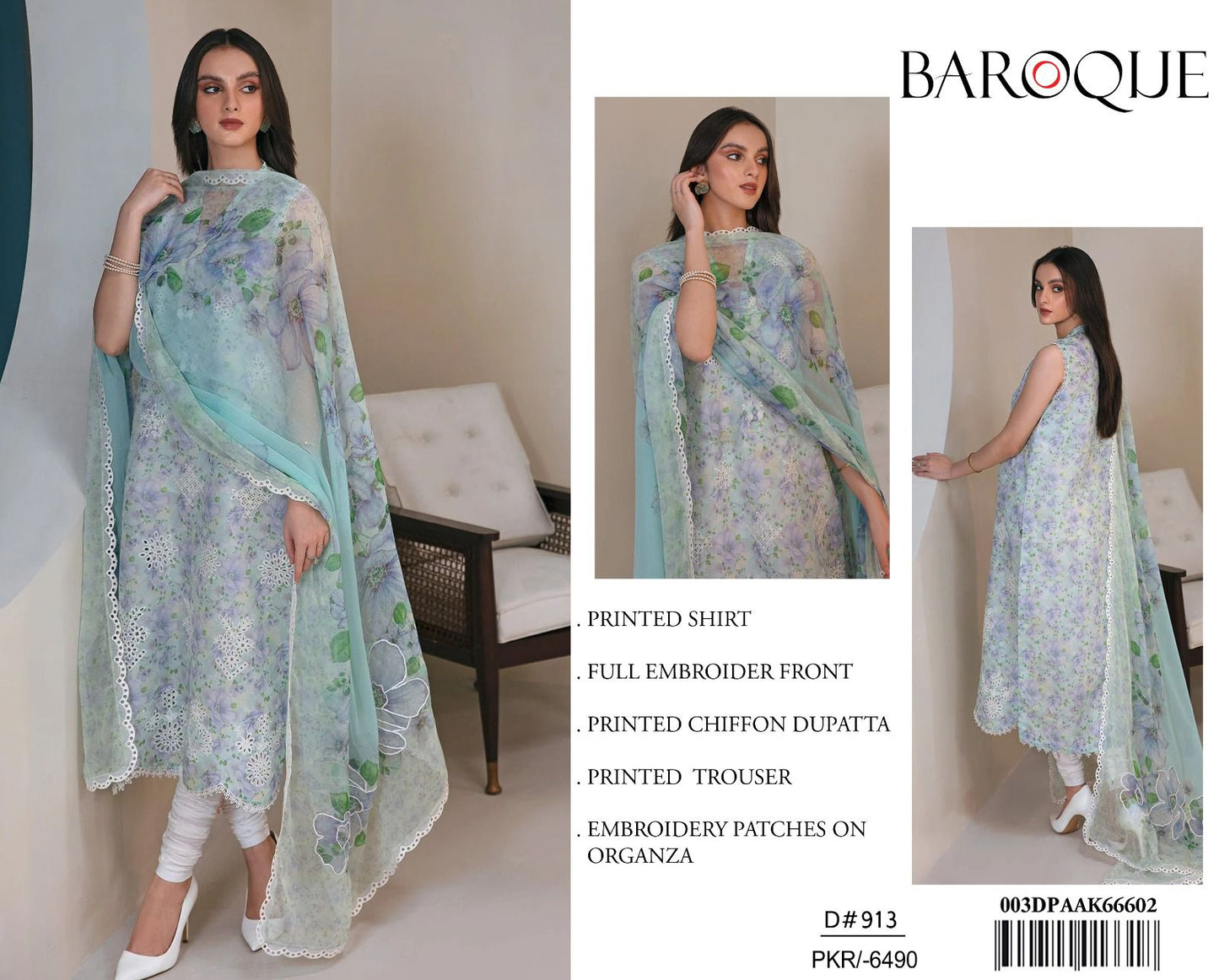 Baroque 3Pc Printed Lawn Suit Printed Chiffon Dupatta