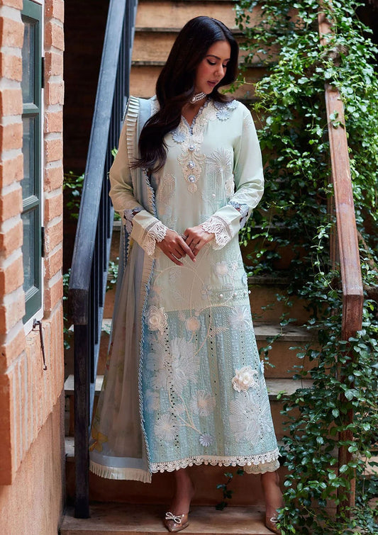 Mushq 3Pc Embroidered Lawn Suit With Self Printed Voil Dupatta