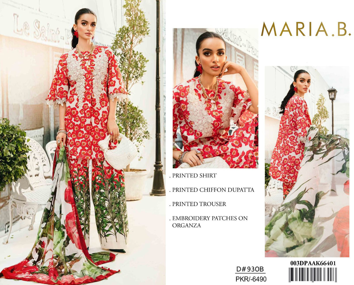Maria B. 3Pc Printed Lawn Suit Printed Chiffon Dupatta