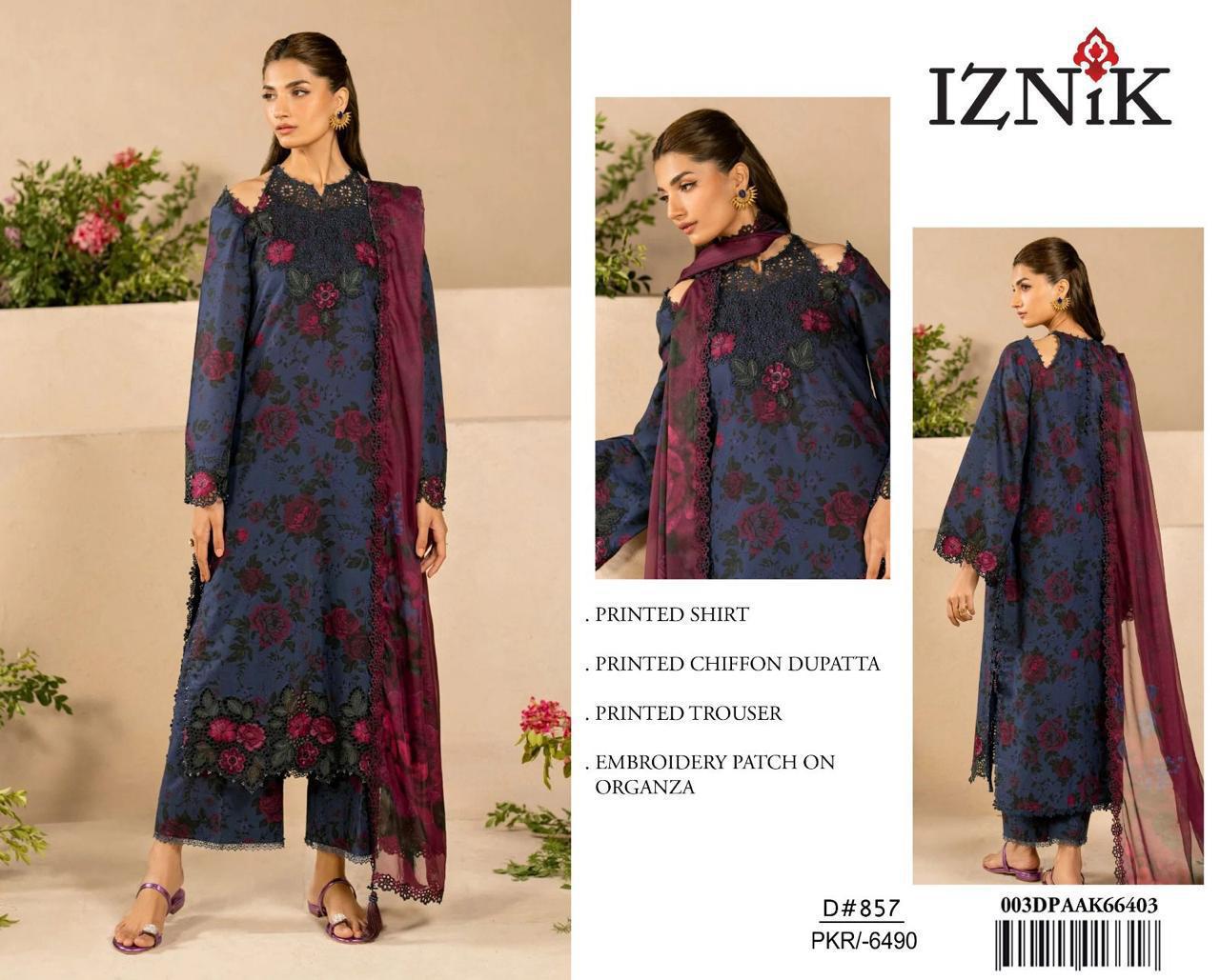 Iznik 3Pc Printed Lawn Suit Printed Chiffon Dupatta