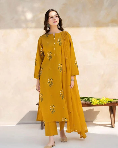 3PC Cotton Stitched Suit With Printed Bamber Chiffon Dupatta