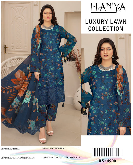 3Pc Embroidered Lawn Suit With Digital Printed Chiffon Dupatta