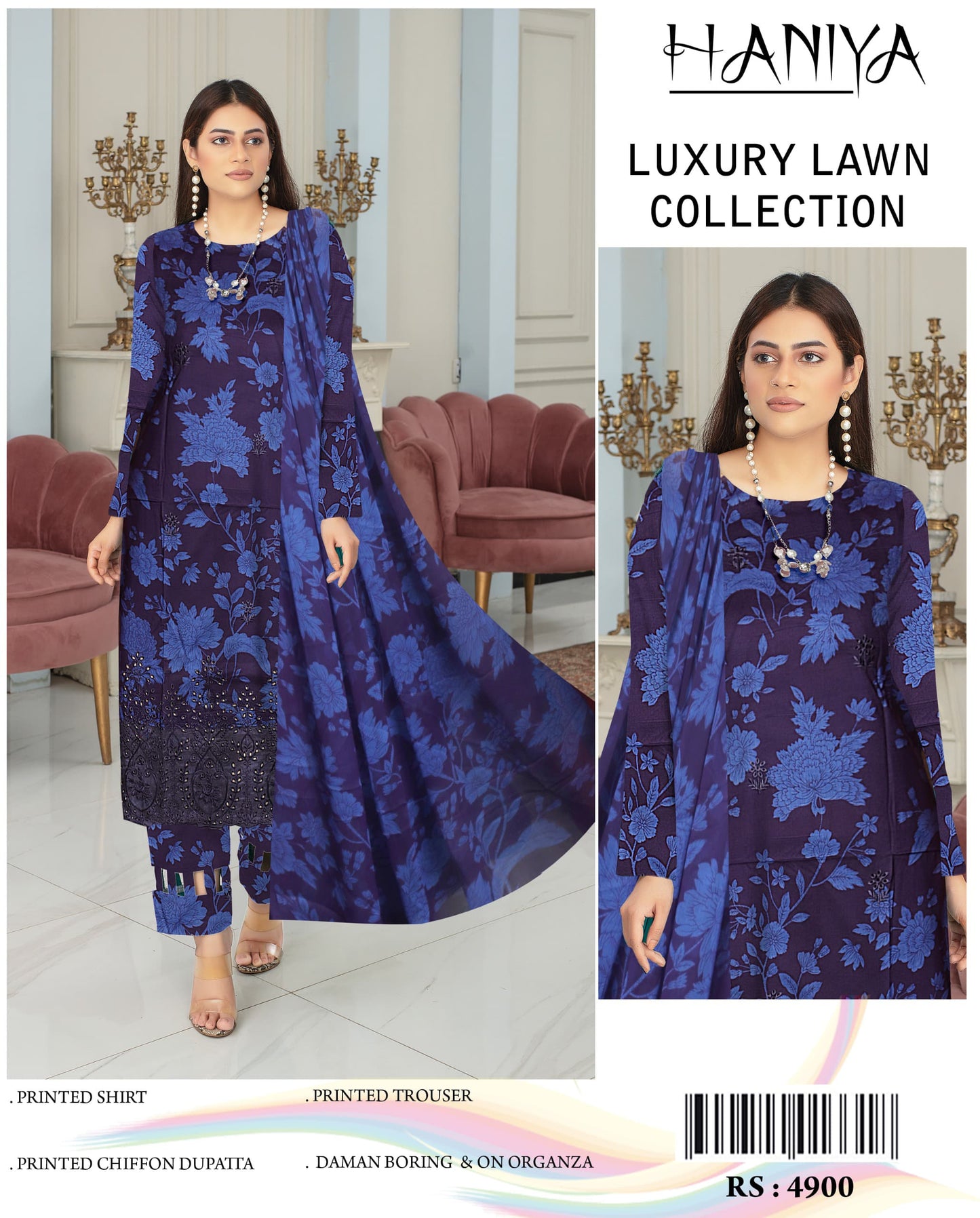 3Pc Embroidered Lawn Suit With Digital Printed Chiffon Dupatta