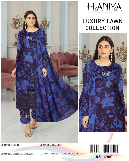 3Pc Embroidered Lawn Suit With Digital Printed Chiffon Dupatta
