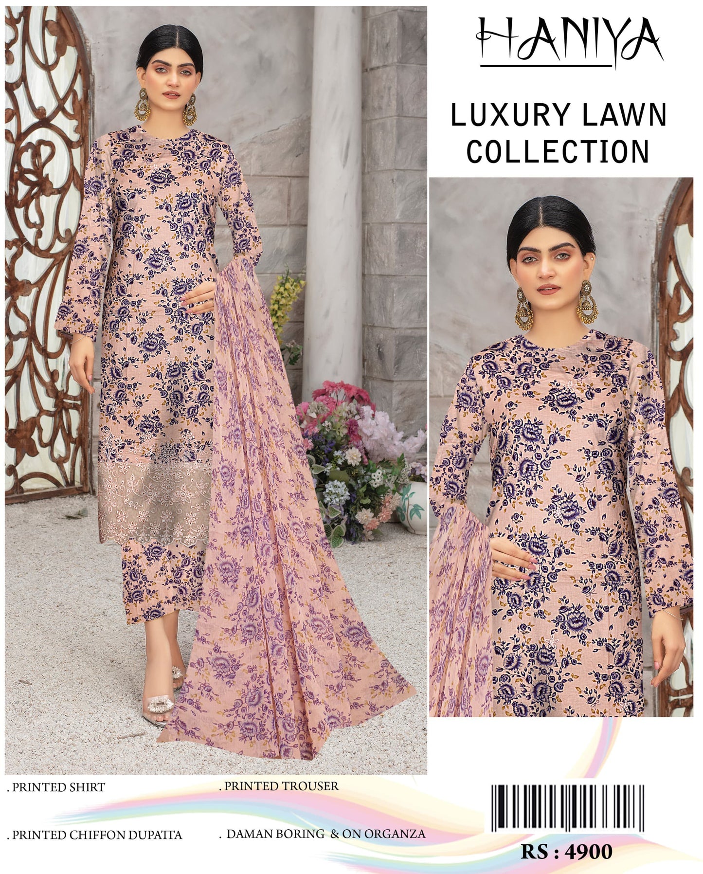 3Pc Embroidered Lawn Suit With Digital Printed Chiffon Dupatta
