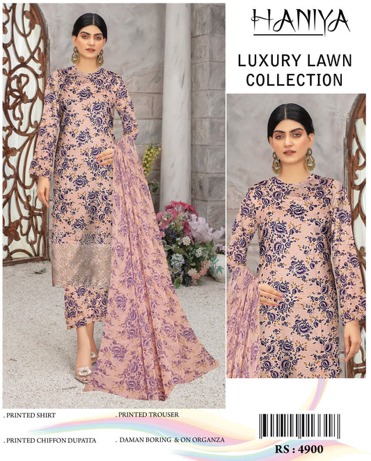 3Pc Embroidered Lawn Suit With Digital Printed Chiffon Dupatta