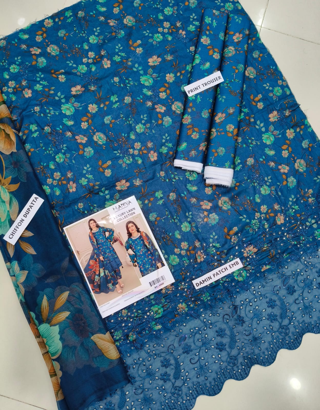 3Pc Embroidered Lawn Suit With Digital Printed Chiffon Dupatta