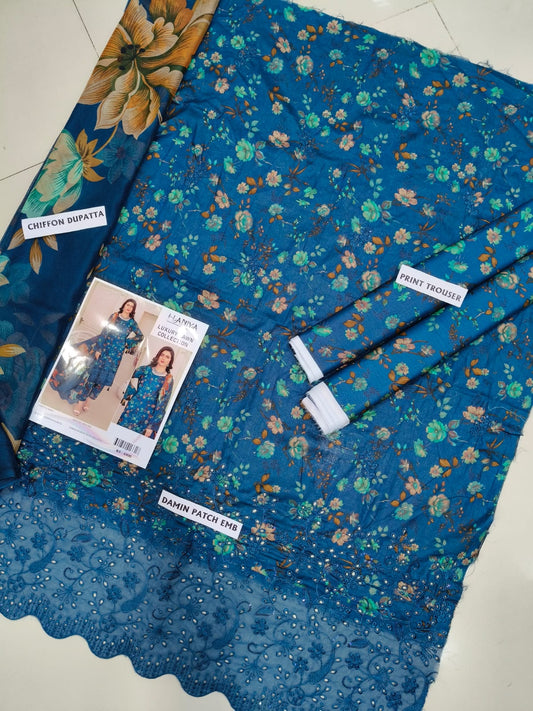 3Pc Embroidered Lawn Suit With Digital Printed Chiffon Dupatta