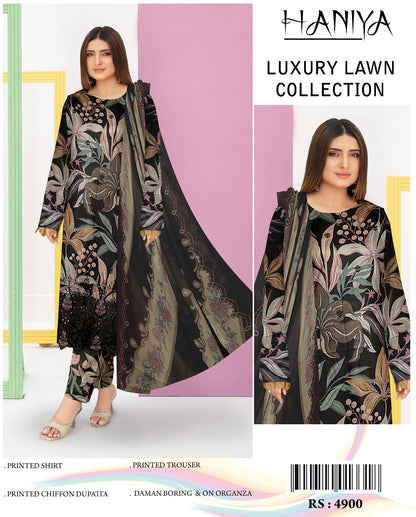 3Pc Embroidered Lawn Suit With Digital Printed Chiffon Dupatta
