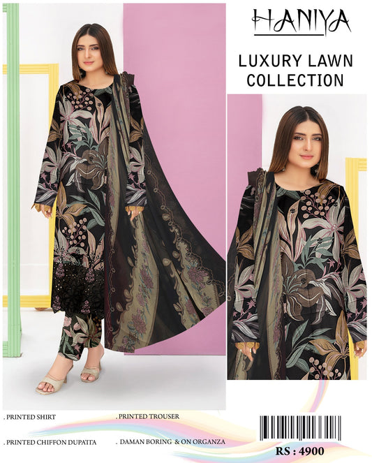 3Pc Embroidered Lawn Suit With Digital Printed Chiffon Dupatta