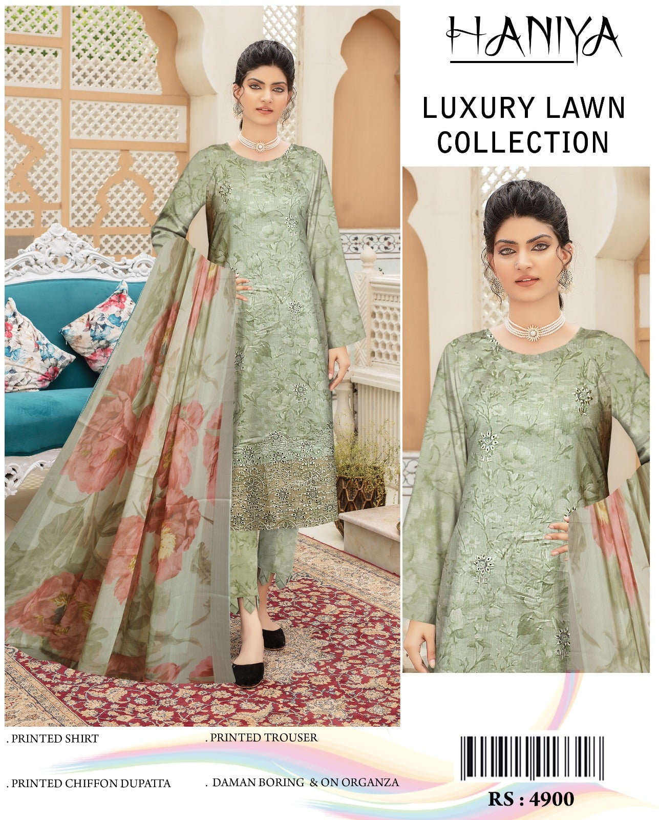 3Pc Embroidered Lawn Suit With Digital Printed Chiffon Dupatta