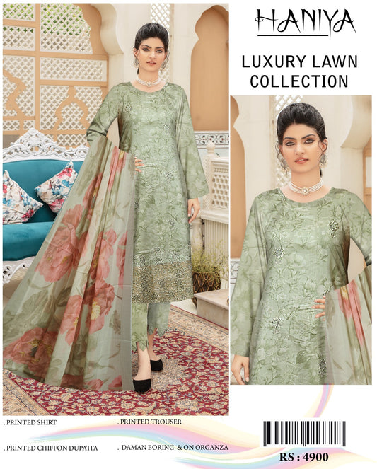 3Pc Embroidered Lawn Suit With Digital Printed Chiffon Dupatta
