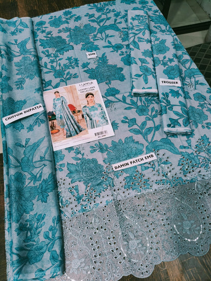 3Pc Embroidered Lawn Suit With Digital Printed Chiffon Dupatta