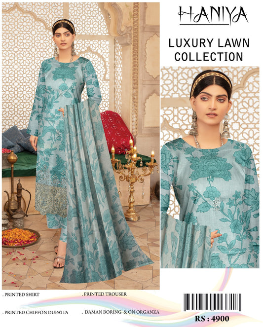 3Pc Embroidered Lawn Suit With Digital Printed Chiffon Dupatta