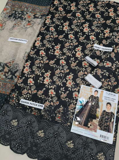 3Pc Embroidered Lawn Suit With Digital Printed Chiffon Dupatta