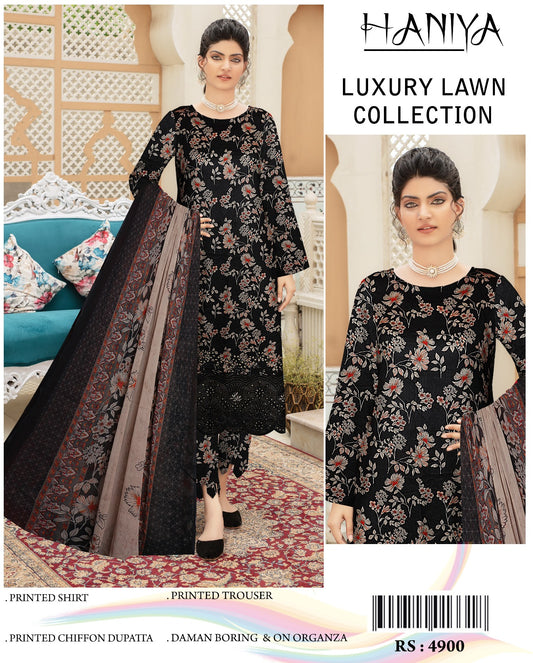 3Pc Embroidered Lawn Suit With Digital Printed Chiffon Dupatta