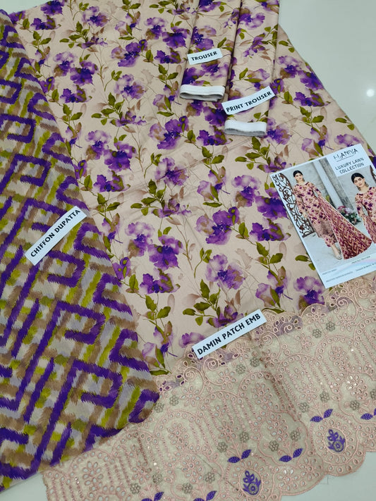 3Pc Embroidered Lawn Suit With Digital Printed Chiffon Dupatta