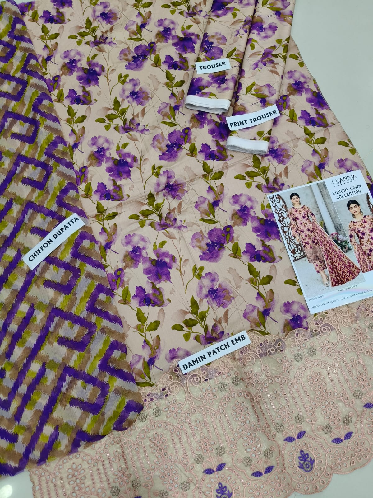 3Pc Embroidered Lawn Suit With Digital Printed Chiffon Dupatta