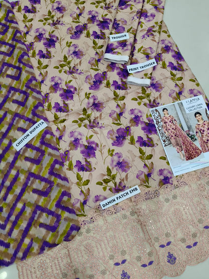 3Pc Embroidered Lawn Suit With Digital Printed Chiffon Dupatta
