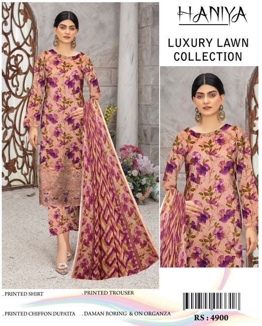 3Pc Embroidered Lawn Suit With Digital Printed Chiffon Dupatta