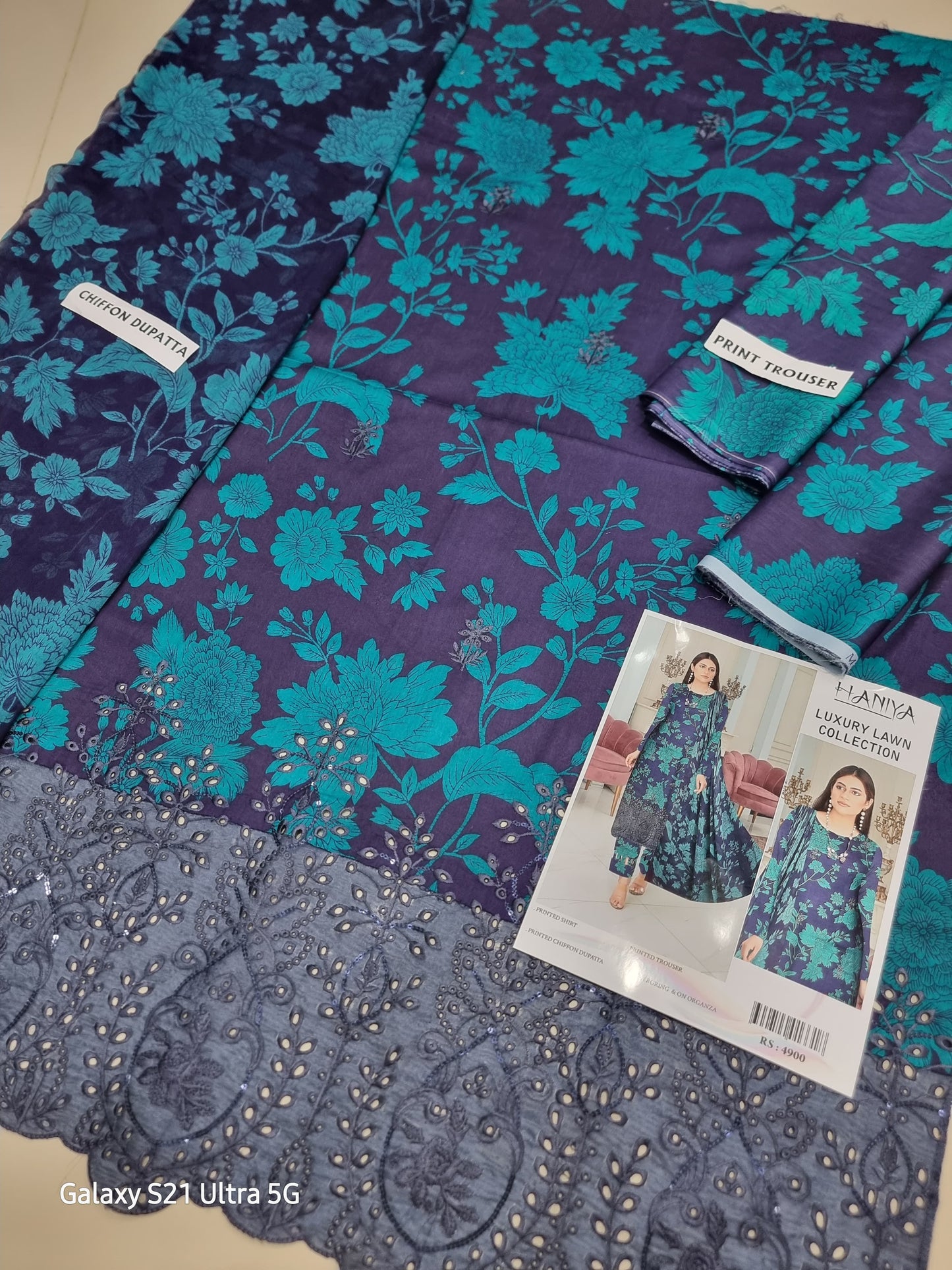 3Pc Embroidered Lawn Suit With Digital Printed Chiffon Dupatta