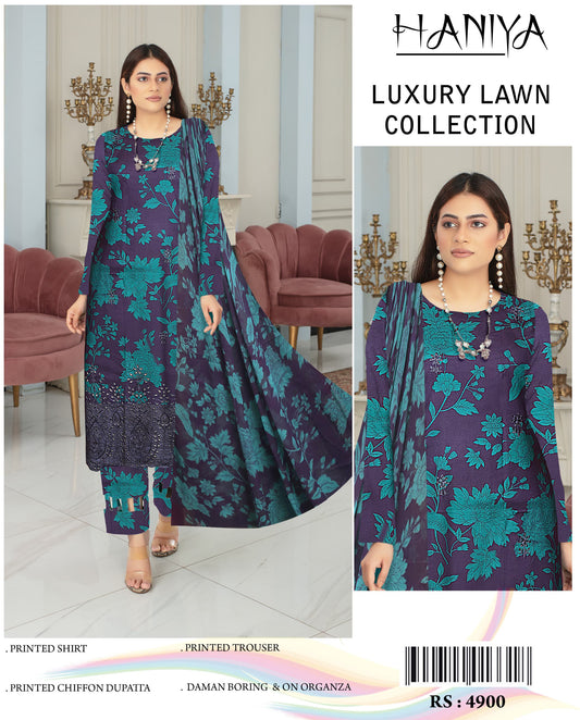 3Pc Embroidered Lawn Suit With Digital Printed Chiffon Dupatta