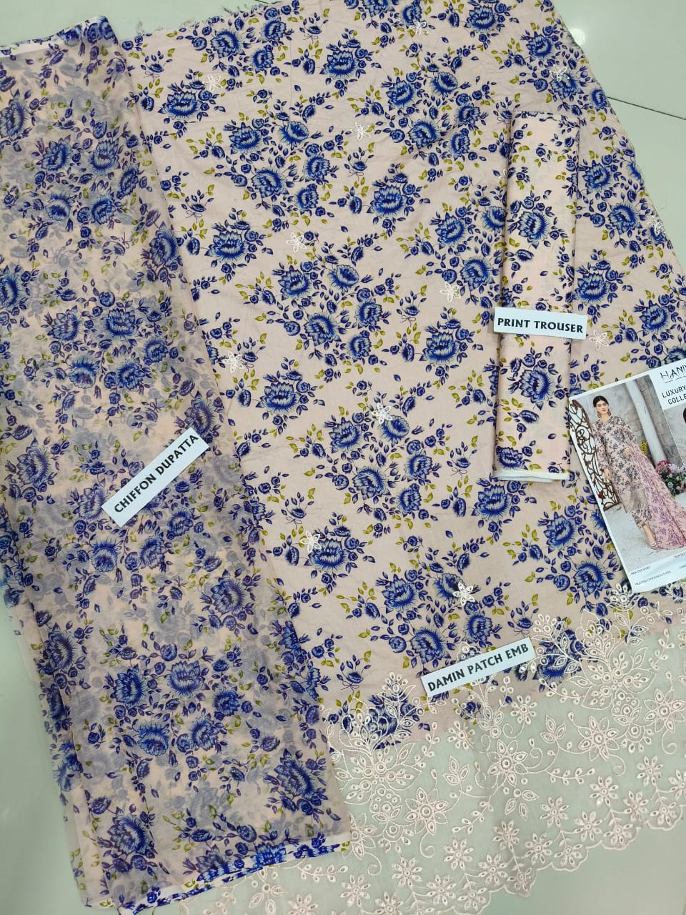 3Pc Embroidered Lawn Suit With Digital Printed Chiffon Dupatta
