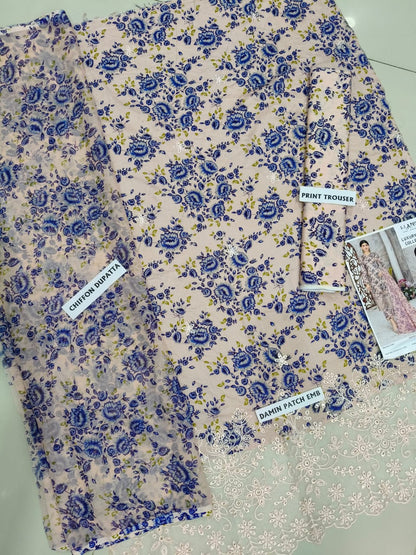 3Pc Embroidered Lawn Suit With Digital Printed Chiffon Dupatta