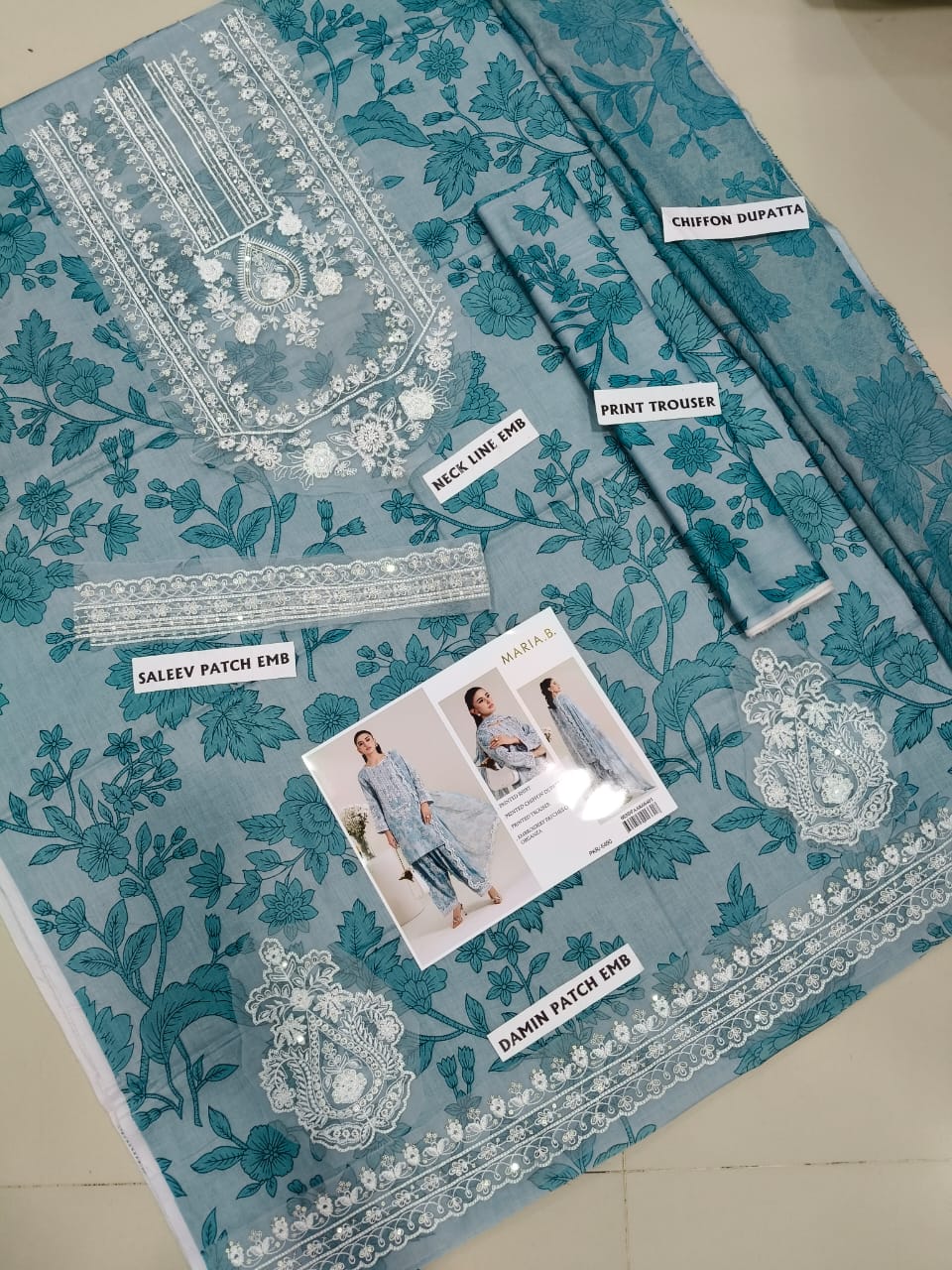 3Pc Embroidered Lawn Suit With Digital Printed Chiffon Dupatta