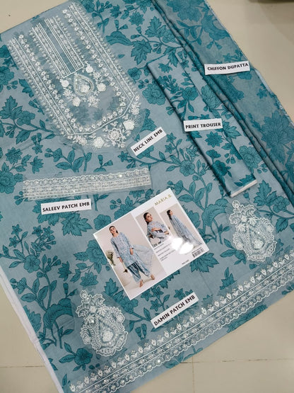 3Pc Embroidered Lawn Suit With Digital Printed Chiffon Dupatta