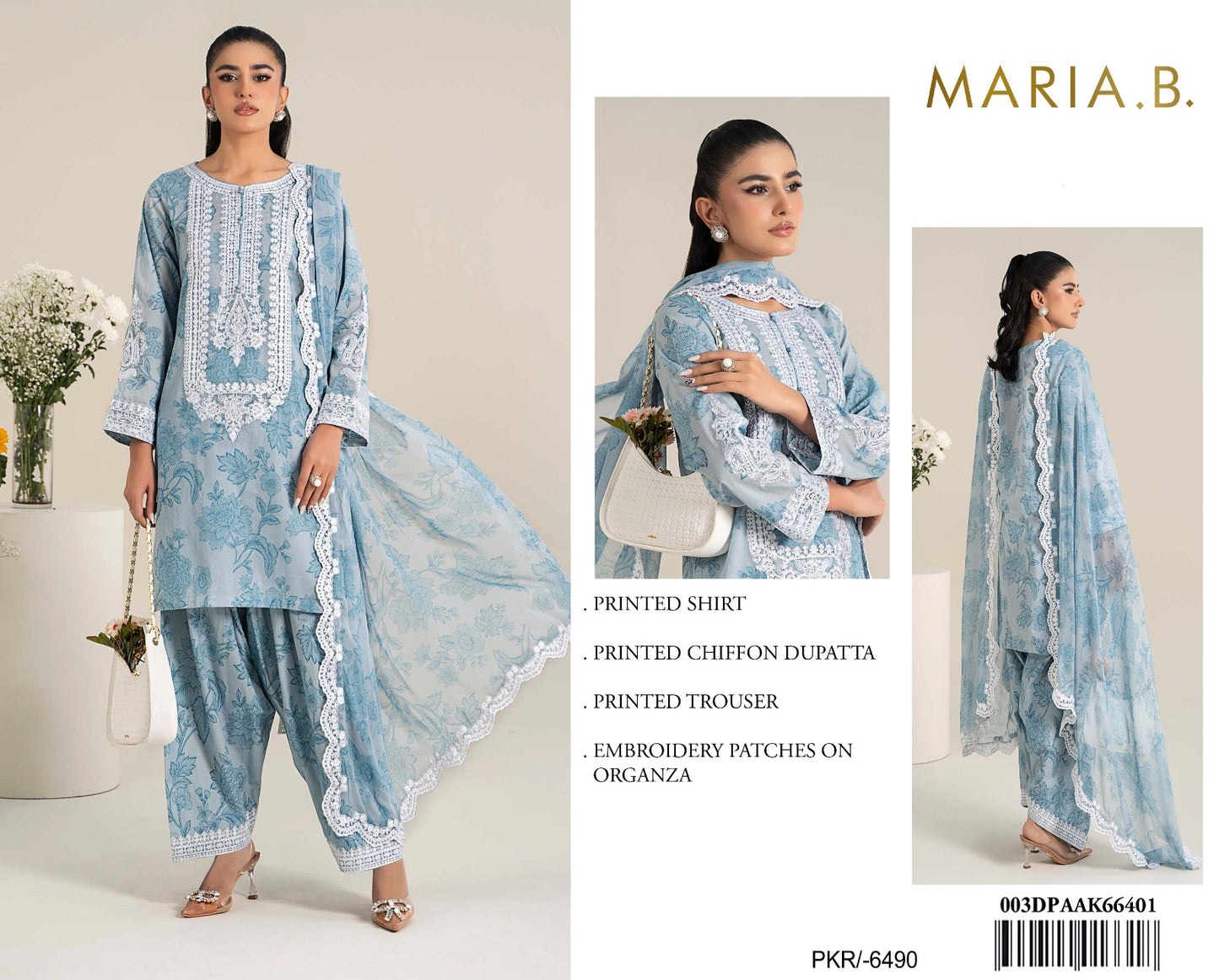 3Pc Embroidered Lawn Suit With Digital Printed Chiffon Dupatta
