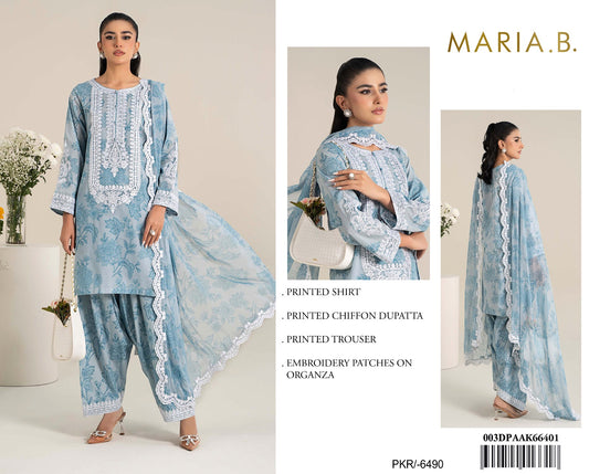 3Pc Embroidered Lawn Suit With Digital Printed Chiffon Dupatta