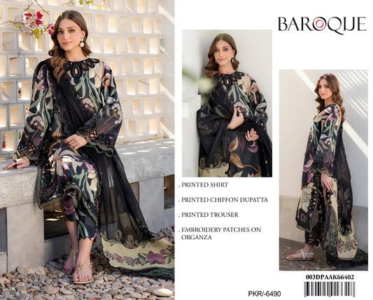 3Pc Embroidered Lawn Suit With Digital Printed Chiffon Dupatta