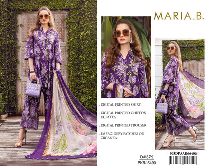 3Pc Embroidered Lawn Suit With Digital Printed Chiffon Dupatta