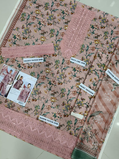 3Pc Embroidered Lawn Suit With Digital Printed Chiffon Dupatta