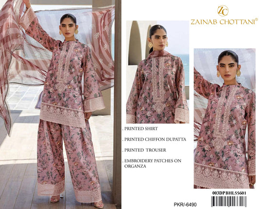 3Pc Embroidered Lawn Suit With Digital Printed Chiffon Dupatta
