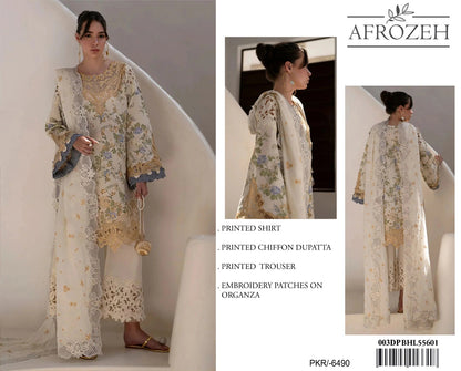 3Pc Embroidered Lawn Suit With Digital Printed Chiffon Dupatta