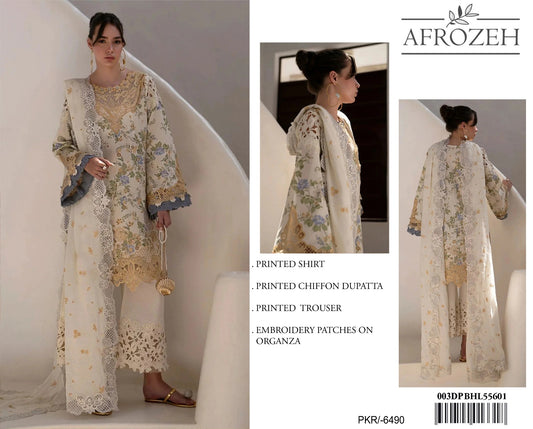 3Pc Embroidered Lawn Suit With Digital Printed Chiffon Dupatta