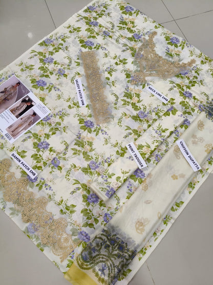 3Pc Embroidered Lawn Suit With Digital Printed Chiffon Dupatta