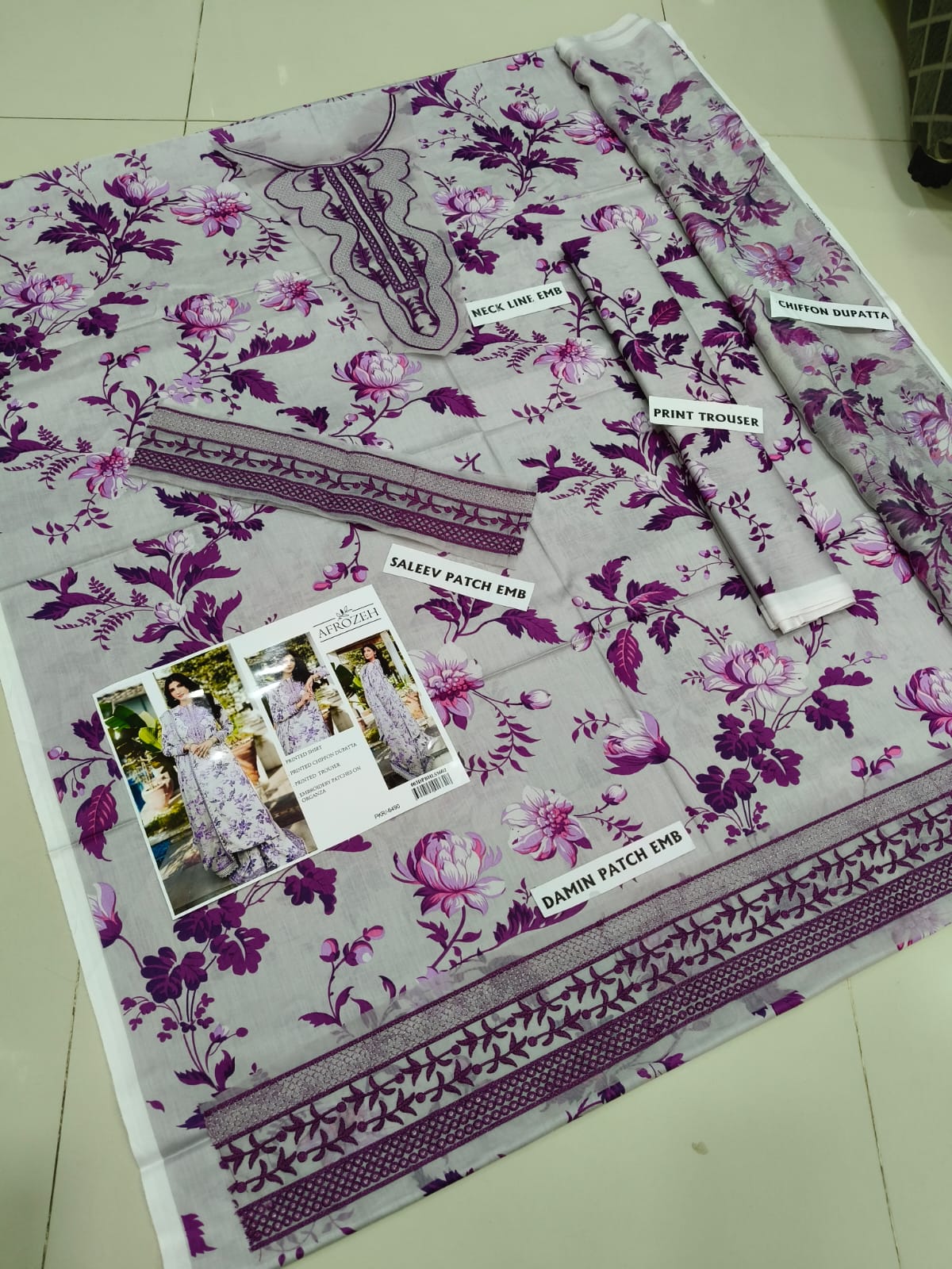 3Pc Embroidered Lawn Suit With Digital Printed Chiffon Dupatta