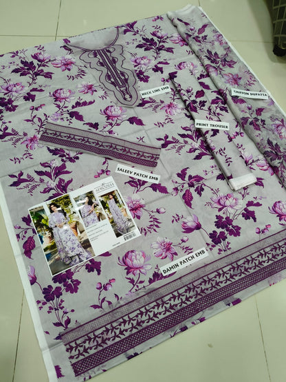 3Pc Embroidered Lawn Suit With Digital Printed Chiffon Dupatta