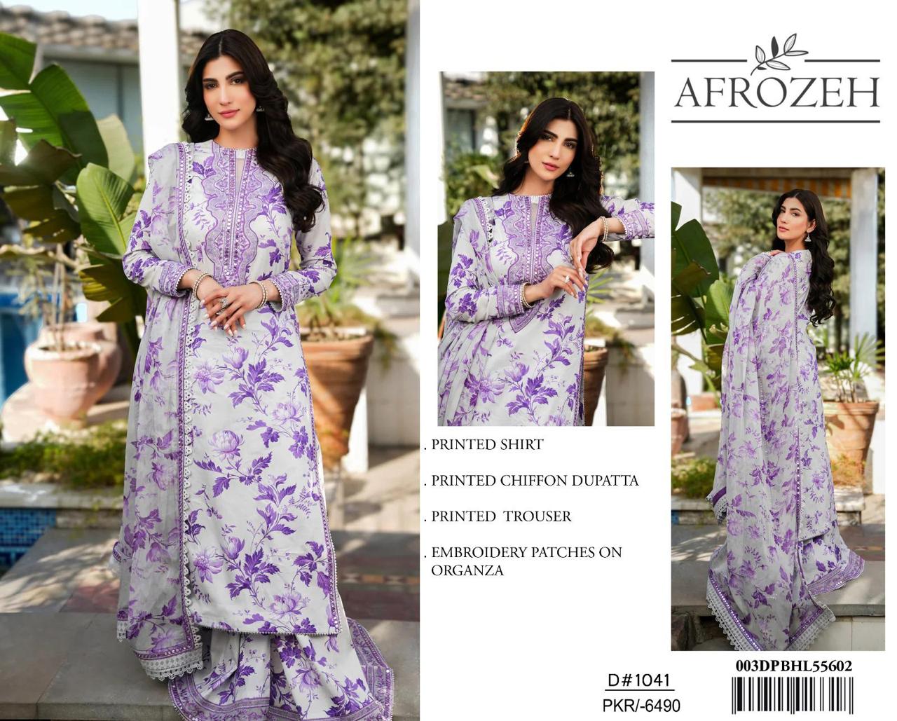 3Pc Embroidered Lawn Suit With Digital Printed Chiffon Dupatta