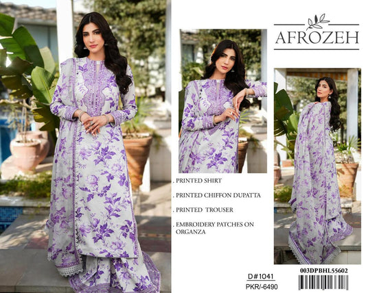 3Pc Embroidered Lawn Suit With Digital Printed Chiffon Dupatta