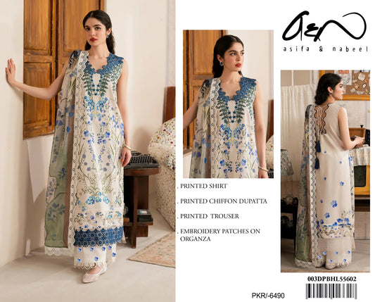 3Pc Embroidered Lawn Suit With Digital Printed Chiffon Dupatta