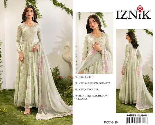 3Pc Embroidered Lawn Suit With Digital Printed Chiffon Dupatta