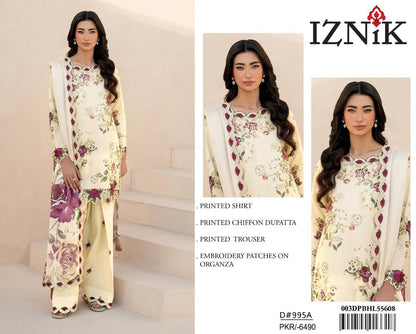 3Pc Embroidered Lawn Suit With Digital Printed Chiffon Dupatta